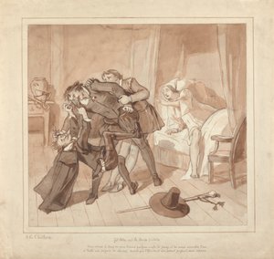 Gil Blas, mientras ejerce la medicina con el Dr. Sangrado, encuentra al Dr. Cuchillo en la cama del tendero de Alfred Edward Chalon