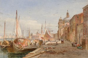 Barcazas en un muelle de Venecia