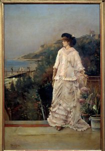 Retrato de una mujer en una terraza junto al mar. Pintura de Alfred Stevens (1823-1906) 1882 París, museo de Orsay de Alfred Emile Stevens