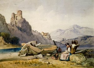 Figuras y un bote en la orilla de un lago, una casa y un castillo en ruinas en el fondo, c. 1830s