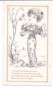 Tarjeta de felicitación victoriana de un estético tocando un laúd, c.1881