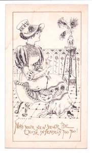 Tarjeta de Año Nuevo victoriana de un esteta admirando un jarrón de plumas de pavo real, c.1881 (monocromo) de Alfred Gray