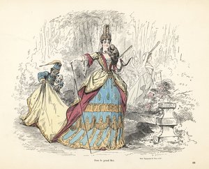 Traje de mujer noble bajo el rey Luis XIV de Francia.