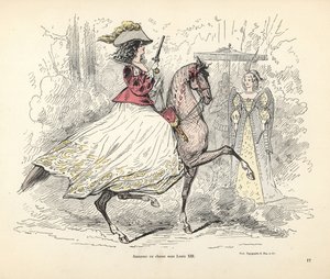 Traje de caza para mujer, época del rey Luis XIII de Francia de Alfred Grevin