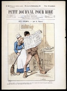 Hombre leyendo un periódico: “aux Champs” por A. Grévin - en “Le Petit Journal pour rire” n° 22, s.f.