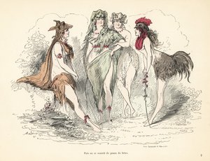 Mujer vistiendo trajes de pieles de animales, cabezas y plumas.