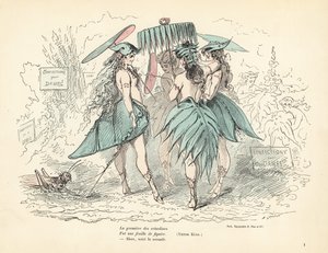 Mujeres vestidas solo con vestidos y sombreros de hojas de parra, sosteniendo hojas pa