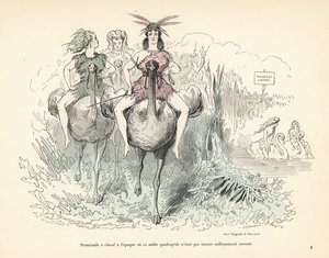 Mujeres con pieles de animales y plumas montando avestruces y cisnes.