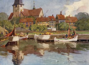 Dinamarca: Bornholm, Ronne Harbour (litografia en color) de Alfred Heaton Cooper