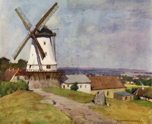 Dinamarca: Dybbol Mill, Sonderborg, en el campo de batalla de 1864 (litografia en color) de Alfred Heaton Cooper