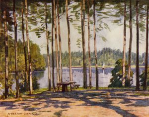 Dinamarca: Gribscoven, el lago del pabellón del rey (litografia en color) de Alfred Heaton Cooper