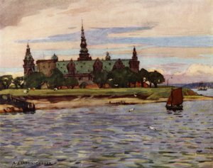 Dinamarca: Helsingor, castillo de Kronborg (litografia en color)