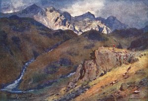 Distrito de los Lagos: A Fell Fox-hunt, Head of Eskdale and Scawfell (litografía en color) de Alfred Heaton Cooper
