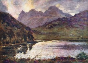 Distrito de los Lagos: Blea Tarn y Langdale Pikes (litografía en color) de Alfred Heaton Cooper