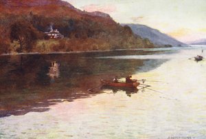 Distrito de los Lagos: Brantwood, Coniston Lake, Char-fishing (litografía en color)