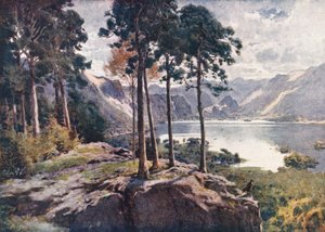 Distrito de los Lagos: Derwentwater, desde Castle Head, una mañana luminosa (litografía en color)