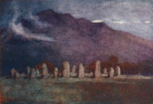 Distrito de los Lagos: Druid Circle, cerca de Keswick, luz de luna (litografía en color)