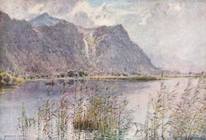 Distrito de los Lagos: Lodore y Derwentwater, una mañana de verano (litografía en color) de Alfred Heaton Cooper