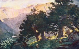 Distrito de los Lagos: Los tejos de Borrowdale, atardecer (litografía en color)