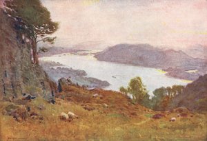 Distrito de los Lagos: Windermere desde Wansfell, puesta de sol (litografía en color)