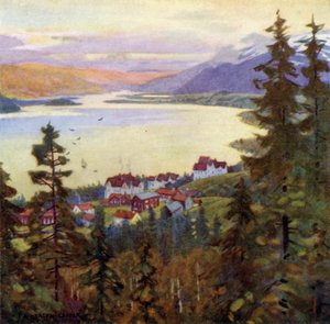 Lago y pueblo de Are de Alfred Heaton Cooper