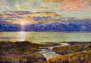 Sol de medianoche sobre el lago Torne Trask, desde Abisko de Alfred Heaton Cooper