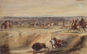 A Surround or Hunting the Buffalo, c.1839 (lápiz, pluma y tinta, acuarela y gouache sobre papel) de Alfred Jacob Miller