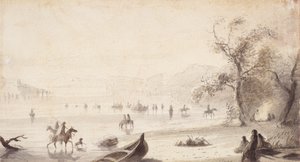 Bull Boating Across the Platte, c.1837 (dibujo en papel) de Alfred Jacob Miller