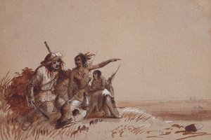 Kansas Indian Recounting to a Trapper, by Signs, the Migration of Buffalo, c.1837 (lápiz y lavados marrones y negros sobre papel) de Alfred Jacob Miller