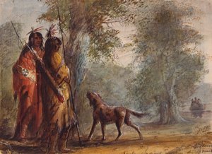 Indios serpientes observando el acercamiento de una canoa, c.1837 (lápiz, acuarela y gouache sobre papel) de Alfred Jacob Miller