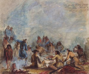 Amanecer, tramperos y viajeros en su comida de costilla de joroba de búfalo, c.1837 de Alfred Jacob Miller