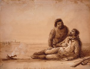 Tramperos sin municiones y hambrientos cerca de Independence Rock, c.1850 (lavado sepia sobre papel) de Alfred Jacob Miller