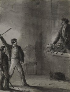 Dos niños con palos levantados mientras un hombre y unos perros miran desde una ventana de Alfred Jacob Miller