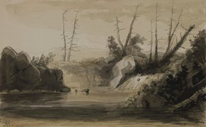 Vista de una cascada y un pequeño lago de Alfred Jacob Miller