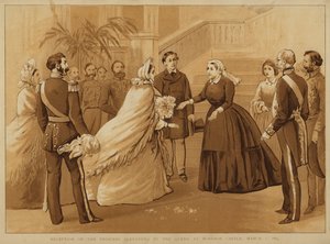 Recepción de la Princesa Alexandra por la Reina Victoria en el Castillo de Windsor, 7 de marzo de 1863 (cromolito) de Alfred Johnson