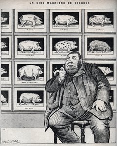 Un gran comerciante de cerdos - Caricatura en "Le Cochon, recuerdos de Normandía" 1898 de Alfred Le Petit