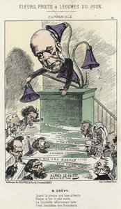 Campanilla: caricatura sobre Grévy - ilustración del 26/06/1871 por Alfred Le Petit, en “Flores, Frutas y Verduras del Día” de Alfred Le Petit