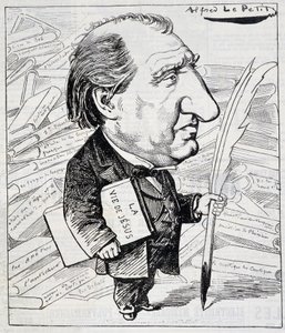 Caricatura de Ernest Renan con “La Vida de Jesús” bajo el brazo - en “Le Charivari” del 11/07/1883 de Alfred Le Petit