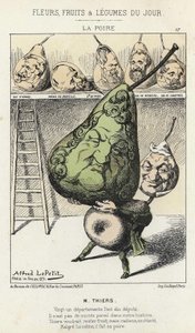 La Peire: caricatura sobre Thiers - ill. del 14/02/1871 por Alfred Le Petitty, en "Flores, Frutas y Verduras del Día" de Alfred Le Petit