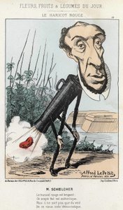 El Frijol Rojo: caricatura de Victor Schoelcher representa en el tren de Peter un frijol (pedo) - ilustración del 16/02/1871 por Alfred Le Petit, en “Flores, Frutas y Verduras del Día”