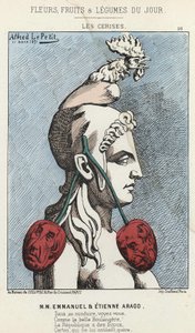 Les Cherry: caricatura sobre MM Emmanuel y Etienne Arago - ilustración del 11/03/1871 en “Flores, Frutas y Verduras del Día” de Alfred Le Petit