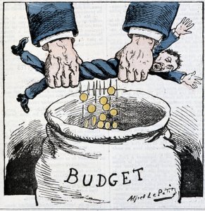 ¡Pobre contribuyente, agradece al Imperio!: caricatura sobre impuestos y el presupuesto - por A. Le Petitty, en “Le Sans-Culotte”