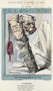 La Hiedra: caricatura sobre Jules Armand Dufaure (1798-1881) enredado en hiedra alrededor de un rollo de papel con “Carta de 1830” escrito en él y un sello con la cabeza del Rey Luis Felipe I - ilustración del 04/03/1871 en “Flores, Frutas y Verduras del D de Alfred Le Petit
