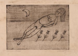 Luna creciente, flores y desnudo femenino (aguafuerte y aguatinta sobre papel) de Alfred Lomnitz