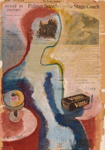 Mujer sentada a la mesa (acuarela sobre papel de periódico y collage)