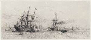 Embarcaciones en el Mersey (grabado) de Alfred Louis Brunet Debaines