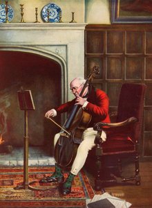 Un pasaje difícil - hombre practicando el violonchelo frente al fuego (litografía en color)