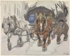Carro agrícola con dos caballos delante de Alfred Ost