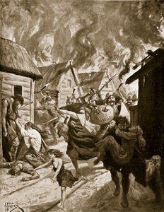 Canterbury quemada por los daneses, 851 d.C., ilustración de "Hutchinson