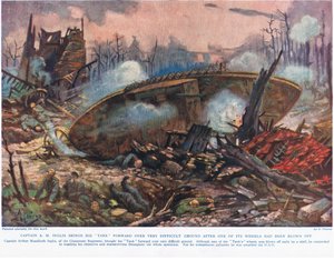 El capitán A.M. Inglis lleva su tanque hacia adelante sobre un terreno muy difícil después de que una de sus ruedas fuera volada, ilustración de 